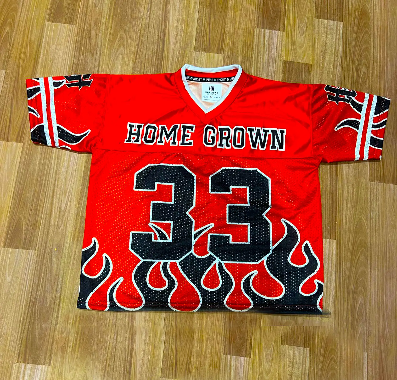 red hgh football flames jersey front Home Grown Football Jersey - Unleash Your Hustle