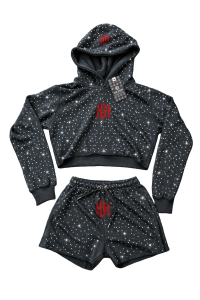 Home Grown Hustler Midnight Diamond Rhinestone Cropped Hoodie & Shorts Set