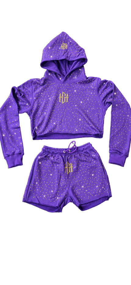 Home Grown Hustler Purple Diamond Rhinestone Cropped Hoodie & Shorts Set