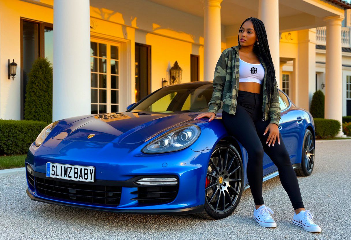 Model in Home Grown camo jacket beside a blue Porsche
