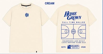 Full Time Baller oversized tee in cream with royal blue print, front and back