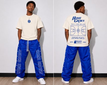 Model wearing the Home Grown Hustler Full Time Baller oversized tee in cream, front and back