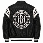 The Legacy Leather jacket back: studded HGH Home Grown Hustler 110% Pure and Uncut circle patch