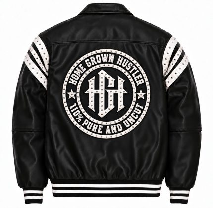 The Legacy Leather jacket back: studded HGH Home Grown Hustler 110% Pure and Uncut circle patch