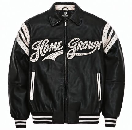 The Legacy Leather jacket front: black genuine leather with studded white Home Grown script and studded white shoulder stripes