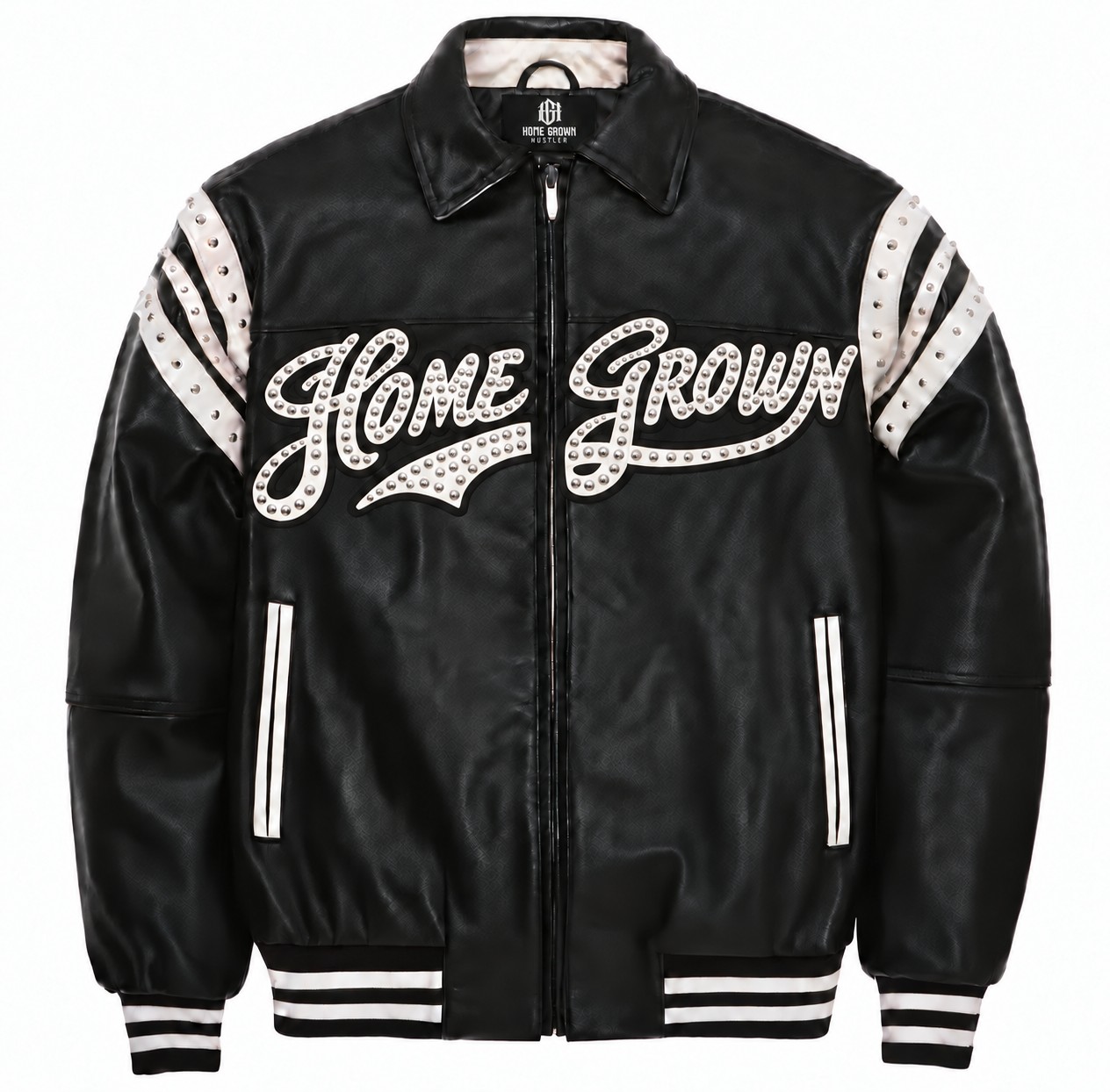 The Legacy Leather Jacket Front The Legacy Leather jacket front: black genuine leather with studded white Home Grown script and studded white shoulder stripes