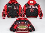 Home Grown Hustler Ragin Cajuns hooded varsity jacket in black and red, front, back and printed stadium lining