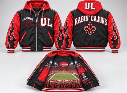 Home Grown Hustler Ragin Cajuns hooded varsity jacket in black and red, front, back and printed stadium lining