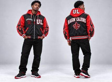 Model wearing the Home Grown Hustler Ragin' Cajuns hooded varsity jacket in black and red, front and back views