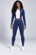 Home Grown Track Set in navy, front view: cropped zip track jacket with HGH monogram and white stripes, HOME GROWN waistband leggings